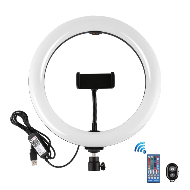 PULUZ 10,2 pulgadas 26 cm Superficie curva USB RGBW Anillo LED regulable Vlogging Fotografía Luces de video con rótula de bola de trípode, control remoto y abrazadera para teléfono, 10.2 inch RGBW