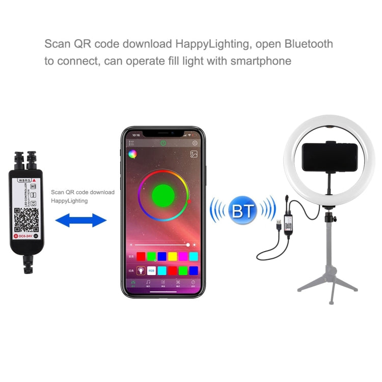 PULUZ 10,2 pulgadas 26 cm Superficie curva USB RGBW Anillo LED regulable Vlogging Fotografía Luces de video con rótula de bola de trípode, control remoto y abrazadera para teléfono, 10.2 inch RGBW