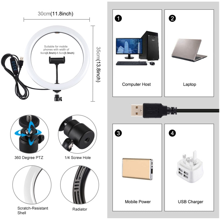 PULUZ 11.8 pulgadas 30 cm USB 3 modos Regulable Temperatura de color dual LED Anillo de luz difusa curva Vlogging Selfie Fotografía Luces de video con abrazadera para teléfono, 11.8 inch