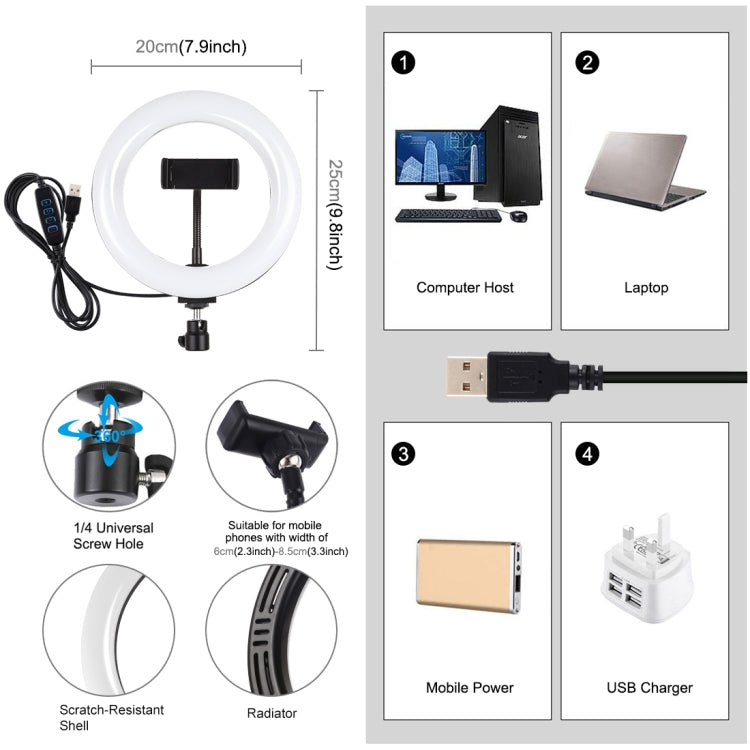 PULUZ 7.9 pulgadas 20 cm USB 3 modos Regulable Temperatura de color dual LED Anillo de luz curvado Vlogging Selfie Fotografía Luces de video con abrazadera para teléfono, 7.9 inch