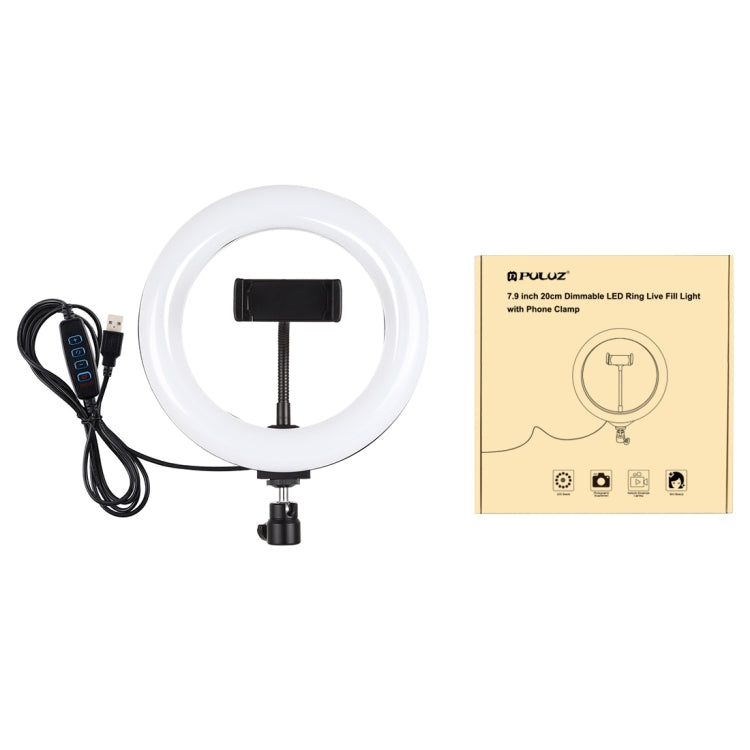 PULUZ 7.9 pulgadas 20 cm USB 3 modos Regulable Temperatura de color dual LED Anillo de luz curvado Vlogging Selfie Fotografía Luces de video con abrazadera para teléfono, 7.9 inch
