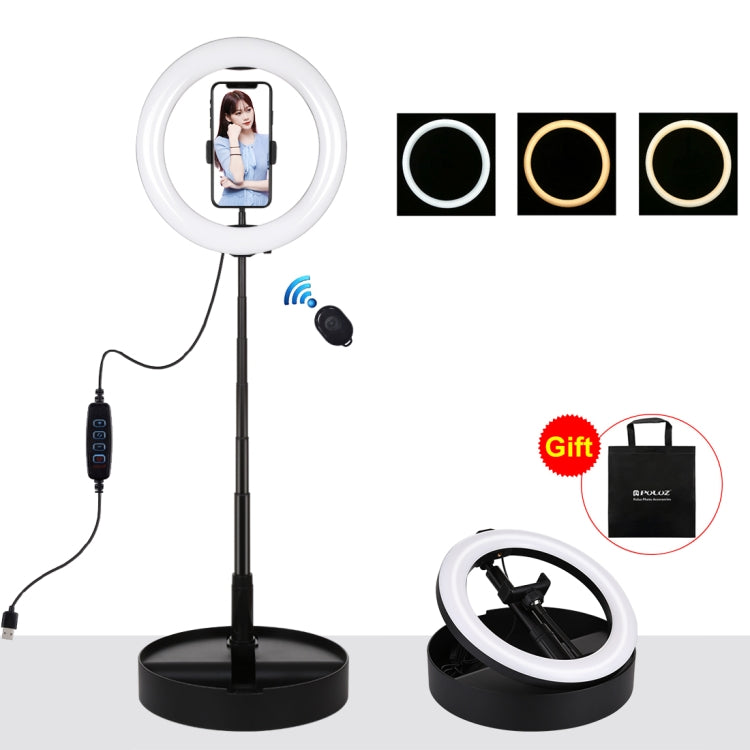 PULUZ 10.2 pulgadas 26 cm USB 3 modos Regulable Temperatura de doble color LED Anillo curvo Vlogging Selfie Fotografía Luces de video con obturador remoto Bluetooth y soporte de escritorio plegable y abrazadera para teléfono