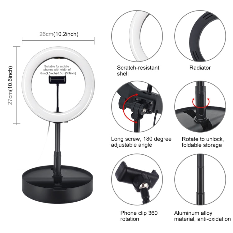 PULUZ 10.2 pulgadas 26 cm USB 3 modos Regulable Temperatura de doble color LED Anillo curvo Vlogging Selfie Fotografía Luces de video con obturador remoto Bluetooth y soporte de escritorio plegable y abrazadera para teléfono