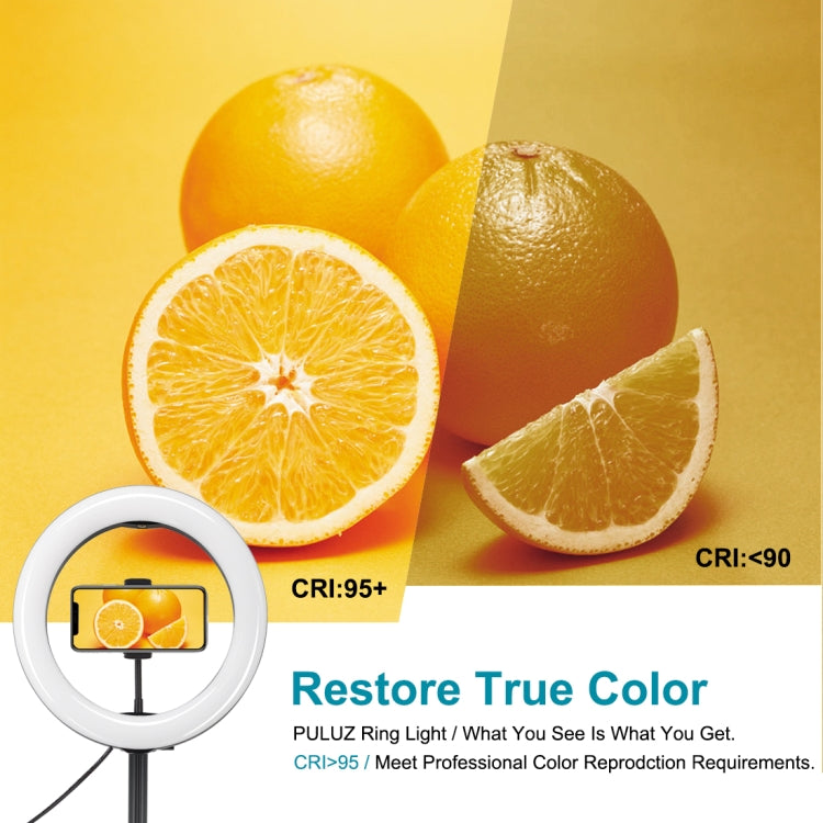 PULUZ 10.2 pulgadas 26 cm USB 3 modos Regulable Temperatura de doble color LED Anillo curvo Vlogging Selfie Fotografía Luces de video con obturador remoto Bluetooth y soporte de escritorio plegable y abrazadera para teléfono