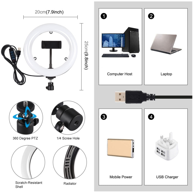 PULUZ 7.9 pulgadas 20 cm USB 3 modos Regulable Temperatura de color dual LED Anillo de luz curvado Vlogging Selfie Fotografía Luces de video con espejo, 7.9 inch with mirror