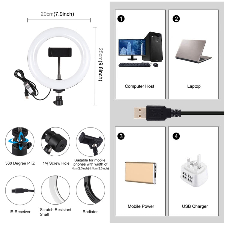 PULUZ 7.9 pulgadas 20 cm USB RGB Regulable LED Temperatura de doble color LED Anillo de luz curvado Vlogging Selfie Fotografía Luces de video con abrazadera para teléfono, 7.9 inch RGBW