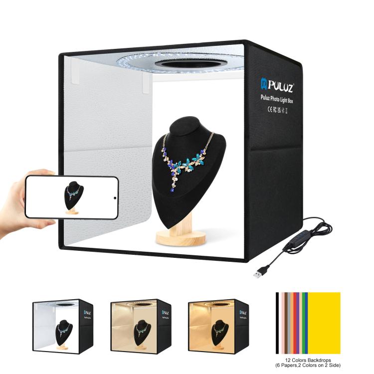 PULUZ Anillo de luz portátil plegable de 40 cm Caja de tienda de campaña con iluminación fotográfica USB para estudio con 6 fondos de color de doble cara, Tamaño: 40 cm x 40 cm x 40 cm, 40cm Box Black RU, 40cm