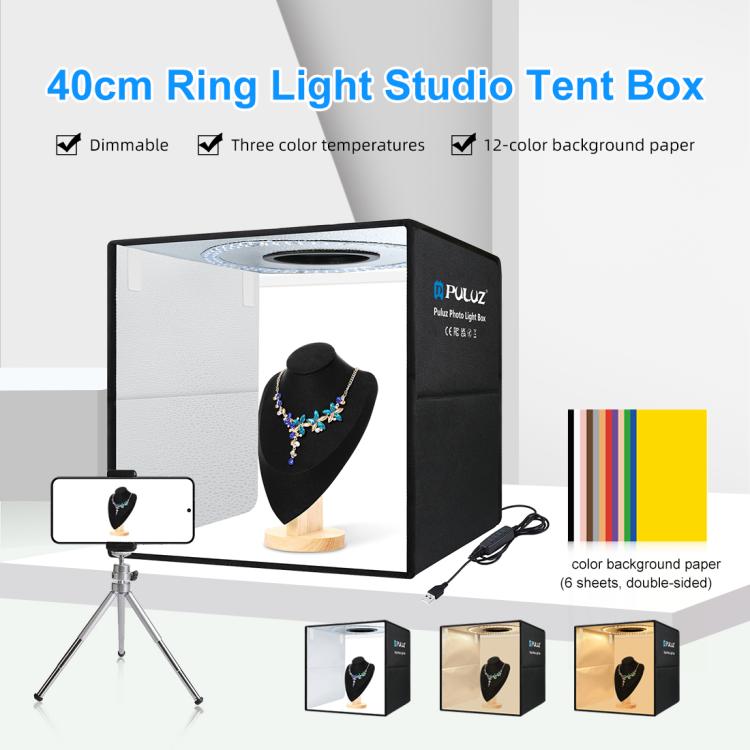 PULUZ Anillo de luz portátil plegable de 40 cm Caja de tienda de campaña con iluminación fotográfica USB para estudio con 6 fondos de color de doble cara, Tamaño: 40 cm x 40 cm x 40 cm, 40cm Box Black RU, 40cm