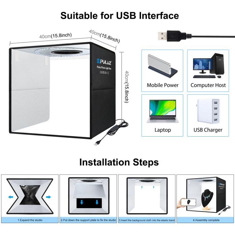 PULUZ Anillo de luz portátil plegable de 40 cm Caja de tienda de campaña con iluminación fotográfica USB para estudio con 6 fondos de color de doble cara, Tamaño: 40 cm x 40 cm x 40 cm, 40cm Box Black RU, 40cm