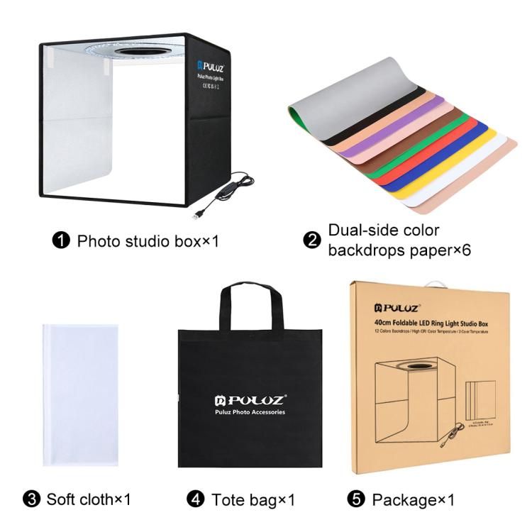 PULUZ Anillo de luz portátil plegable de 40 cm Caja de tienda de campaña con iluminación fotográfica USB para estudio con 6 fondos de color de doble cara, Tamaño: 40 cm x 40 cm x 40 cm, 40cm Box Black RU, 40cm