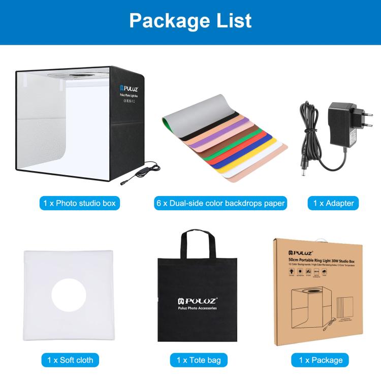 PULUZ Anillo de luz portátil plegable de 50 cm PD30W Carga rápida USB Iluminación fotográfica Estudio de fotografía Caja de tienda con 6 fondos de doble cara, Tamaño: 50 cm x 50 cm x 50 cm