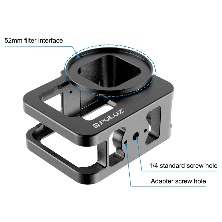 PULUZ para GoPro HERO12 Negro /11 Negro /10 Negro /9 Negro Carcasa gruesa Jaula protectora de aleación de aluminio CNC con marco de seguro y lente UV de 52 mm, For GoPro HERO9 Black Thicken