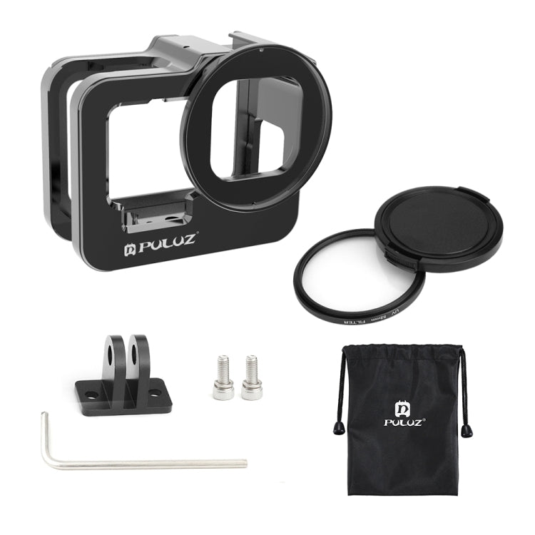 PULUZ para GoPro HERO12 Negro /11 Negro /10 Negro /9 Negro Carcasa gruesa Jaula protectora de aleación de aluminio CNC con marco de seguro y lente UV de 52 mm, For GoPro HERO9 Black Thicken