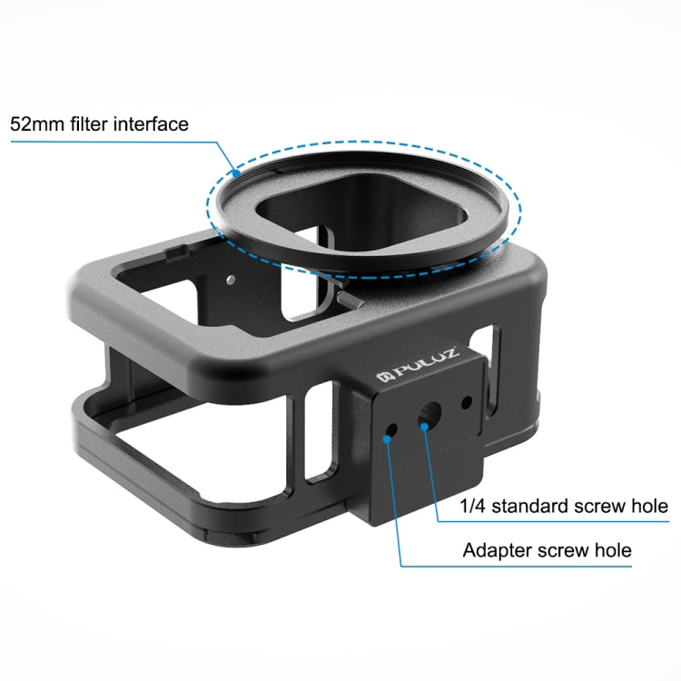 PULUZ para GoPro HERO12 Negro /11 Negro /10 Negro /9 Negro Carcasa delgada Jaula protectora de aleación de aluminio CNC con marco de seguro y lente UV de 52 mm, For GoPro HERO9 Black Thin