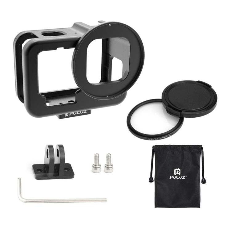 PULUZ para GoPro HERO12 Negro /11 Negro /10 Negro /9 Negro Carcasa delgada Jaula protectora de aleación de aluminio CNC con marco de seguro y lente UV de 52 mm, For GoPro HERO9 Black Thin