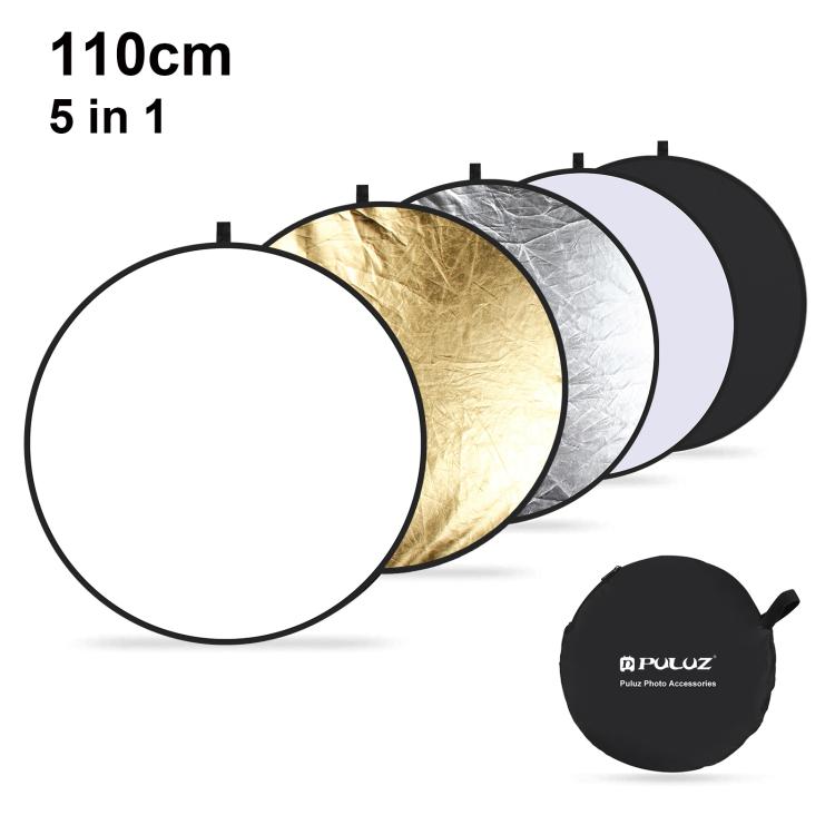 PULUZ 110cm 5 en 1 (Plata / Translúcido / Dorado / Blanco / Negro) Tablero reflector plegable para estudio fotográfico, 110cm Reflector(AE), 110cm Reflector