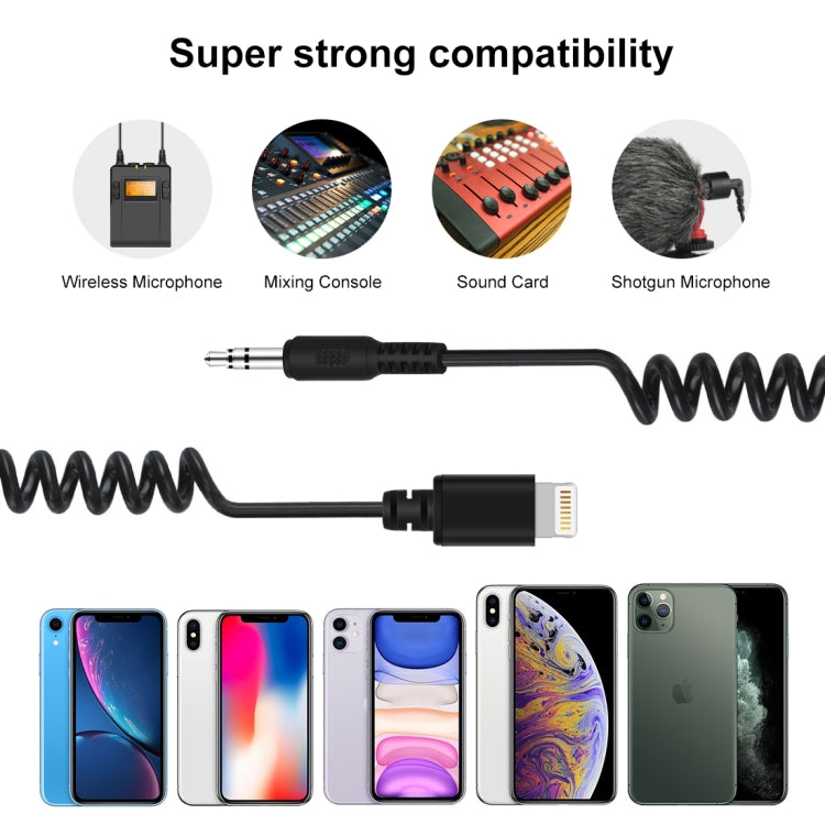 PULUZ TRRS macho de 3,5 mm a macho de 8 pines Adaptador de audio para micrófono en vivo Cable en espiral con resorte para iPhone, cable que se extiende hasta 100 cm, 3.5mm Male to 8 Pin