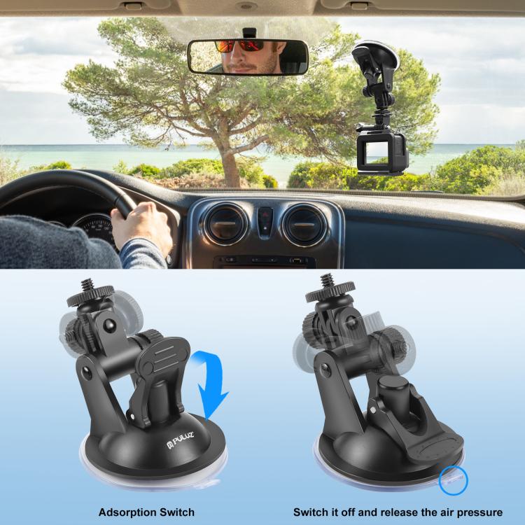 PULUZ Soporte de ventosa para automóvil con tornillo, adaptador de montaje para trípode y bolsa de almacenamiento para GoPro Hero11 Black / HERO10 Black /9 Black /8 Black /7/6/5/5 Session /4 Session /4/3+ /3/2/1, DJI Osmo Action y otras cámaras de acci...