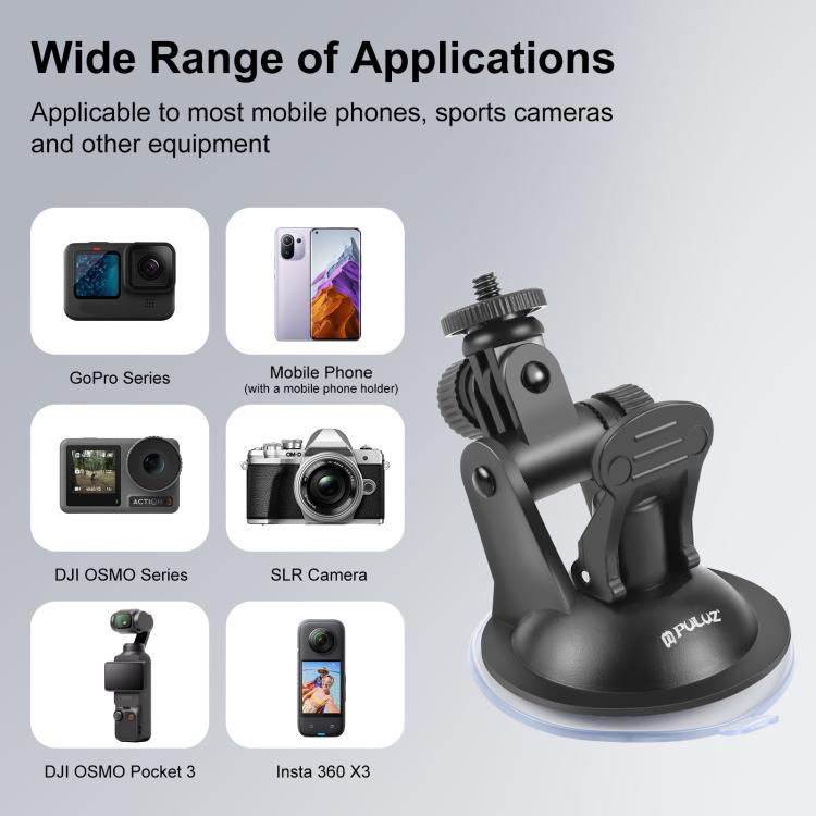 PULUZ Soporte de ventosa para automóvil con tornillo, adaptador de montaje para trípode y bolsa de almacenamiento para GoPro Hero11 Black / HERO10 Black /9 Black /8 Black /7/6/5/5 Session /4 Session /4/3+ /3/2/1, DJI Osmo Action y otras cámaras de acci...