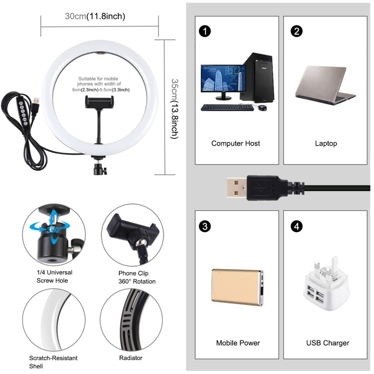 PULUZ 11,8 pulgadas 30 cm Superficie curva USB 10 modos 8 colores RGBW Anillo LED regulable Vlogging Fotografía Luces de video con rótula de bola de trípode y abrazadera para teléfono, 11.8 inch Button Control
