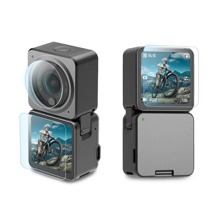 Lente PULUZ 3 en 1 + Pantalla LCD frontal y trasera Película de vidrio templado 9H 2.5D para DJI Action 2, Lens Screen Film