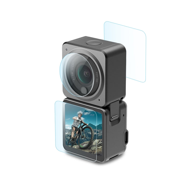Lente PULUZ 3 en 1 + Pantalla LCD frontal y trasera Película de vidrio templado 9H 2.5D para DJI Action 2, Lens Screen Film