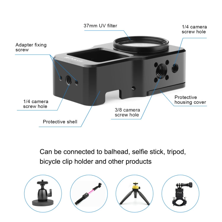 Jaula de aleación de aluminio CNC PULUZ para DJI Action 2, Aluminum Cage (Black), Aluminum Cage (Titanium Color)