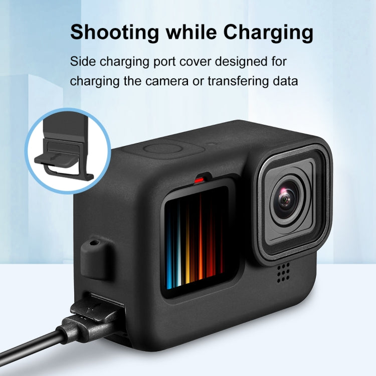 PULUZ para GoPro HERO12 Negro /11 Negro /10 Negro /9 Negro Funda protectora de silicona + Cubierta de interfaz lateral POM con correa para muñeca y cubierta de lente, For GoPro HERO12 Black Silicone Case + Side Cover
