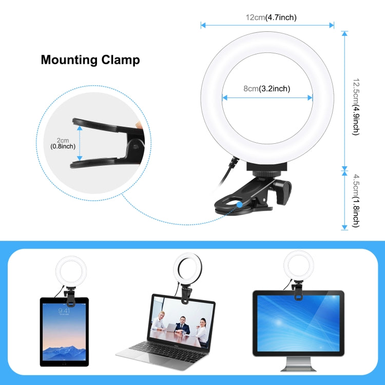 PULUZ Anillo de luz para selfies de 4,7 pulgadas y 12 cm, 3 modos, USB, regulable, temperatura de doble color, LED curvo, Vlogging, fotografía, luces de vídeo con soporte para clip para monitor, 4.7 inch+Clip