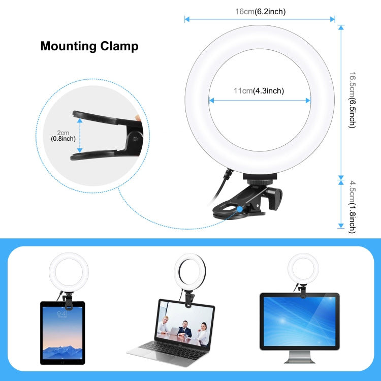 PULUZ Anillo de luz para selfies de 6,2 pulgadas y 16 cm, 3 modos, USB, regulable, temperatura de doble color, LED curvo, Vlogging, fotografía, luces de vídeo con soporte para clip para monitor, 6.2 inch Light+Clip