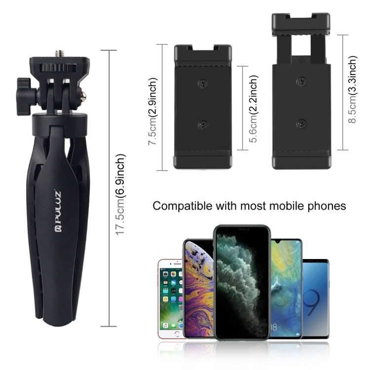 Soporte de trípode de plástico para escritorio PULUZ con abrazadera para teléfono y cabezal de trípode ajustable para teléfonos inteligentes, Plastic Tripod+Adjusting Head