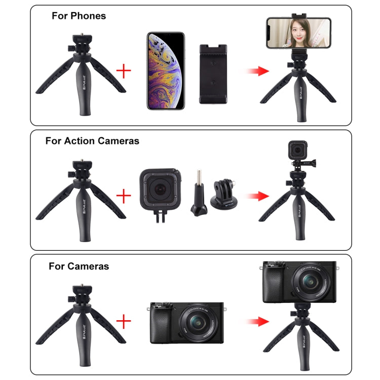 Soporte de trípode de plástico para escritorio PULUZ con abrazadera para teléfono y cabezal de trípode ajustable para teléfonos inteligentes, Plastic Tripod+Adjusting Head