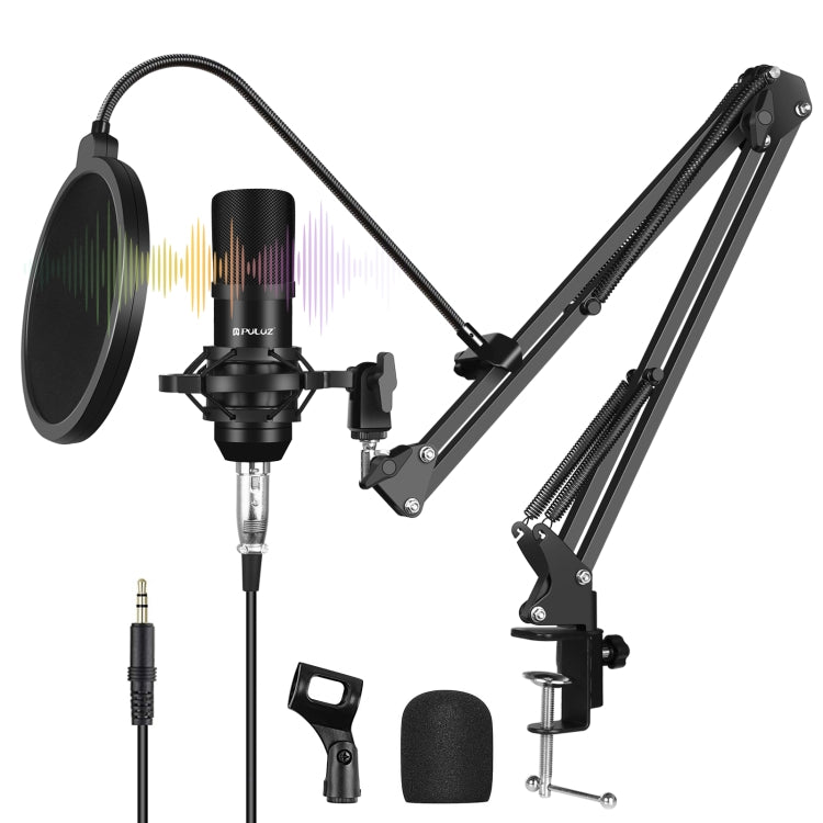 PULUZ Micrófono de Condensador Transmisión de Estudio Kits de Micrófono de Canto Profesional con Brazo de Tijera de Suspensión, Soporte de Choque de Metal y Tarjeta de Sonido USB, Microphone Kits (Black), Microphone Kits (Gold), Microphone Kits (Silver)