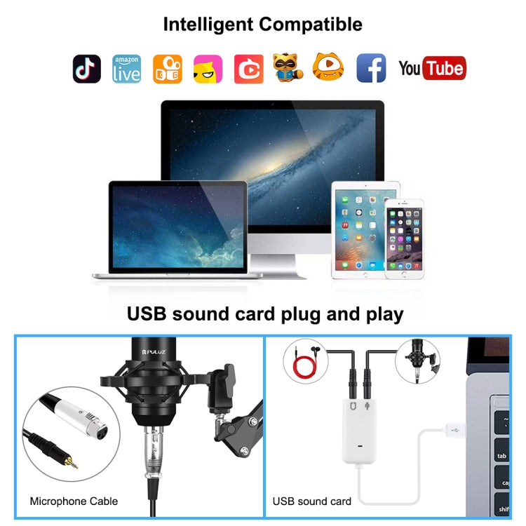 PULUZ Micrófono de Condensador Transmisión de Estudio Kits de Micrófono de Canto Profesional con Brazo de Tijera de Suspensión, Soporte de Choque de Metal y Tarjeta de Sonido USB, Microphone Kits (Black), Microphone Kits (Gold), Microphone Kits (Silver)