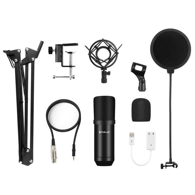 PULUZ Micrófono de Condensador Transmisión de Estudio Kits de Micrófono de Canto Profesional con Brazo de Tijera de Suspensión, Soporte de Choque de Metal y Tarjeta de Sonido USB, Microphone Kits (Black), Microphone Kits (Gold), Microphone Kits (Silver)