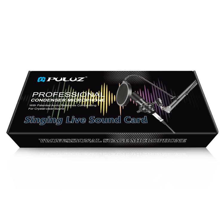 PULUZ Micrófono de Condensador Transmisión de Estudio Kits de Micrófono de Canto Profesional con Brazo de Tijera de Suspensión, Soporte de Choque de Metal y Tarjeta de Sonido USB, Microphone Kits (Black), Microphone Kits (Gold), Microphone Kits (Silver)