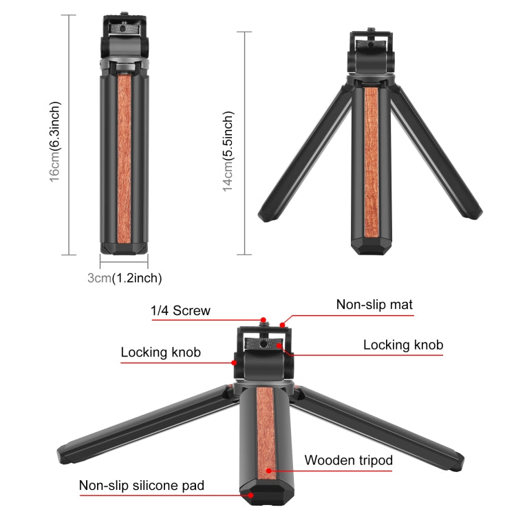 Soporte de trípode en vivo para Vlogging de escritorio de madera con incrustaciones PULUZ con cabezal de trípode, Inlaid Wood Tripod with Tripod Head