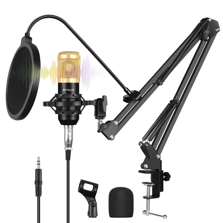 PULUZ Micrófono de Condensador Transmisión de Estudio Kits de Micrófono de Canto Profesional con Brazo de Tijera de Suspensión y Soporte de Choque de Metal y Tarjeta de Sonido USB, Alimentación por 48V, 48V Microphone Kits (Gold)