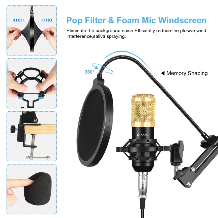 PULUZ Micrófono de Condensador Transmisión de Estudio Kits de Micrófono de Canto Profesional con Brazo de Tijera de Suspensión y Soporte de Choque de Metal y Tarjeta de Sonido USB, Alimentación por 48V, 48V Microphone Kits (Gold)