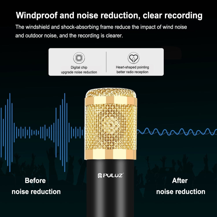 PULUZ Micrófono de Condensador Transmisión de Estudio Kits de Micrófono de Canto Profesional con Brazo de Tijera de Suspensión y Soporte de Choque de Metal y Tarjeta de Sonido USB, Alimentación por 48V, 48V Microphone Kits (Gold)