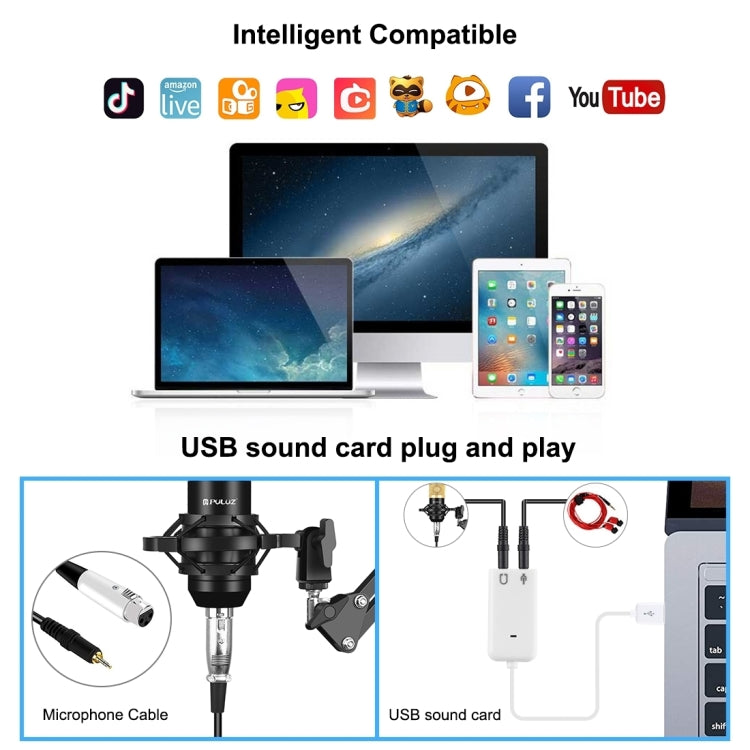 PULUZ Micrófono de Condensador Transmisión de Estudio Kits de Micrófono de Canto Profesional con Brazo de Tijera de Suspensión y Soporte de Choque de Metal y Tarjeta de Sonido USB, Alimentación por 48V, 48V Microphone Kits (Gold)