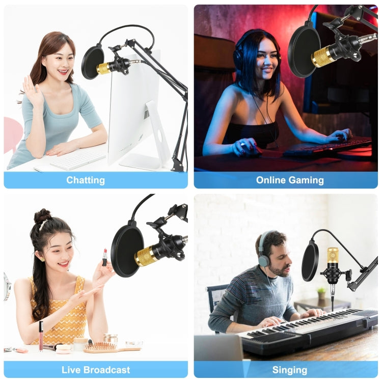 PULUZ Micrófono de Condensador Transmisión de Estudio Kits de Micrófono de Canto Profesional con Brazo de Tijera de Suspensión y Soporte de Choque de Metal y Tarjeta de Sonido USB, Alimentación por 48V, 48V Microphone Kits (Gold)