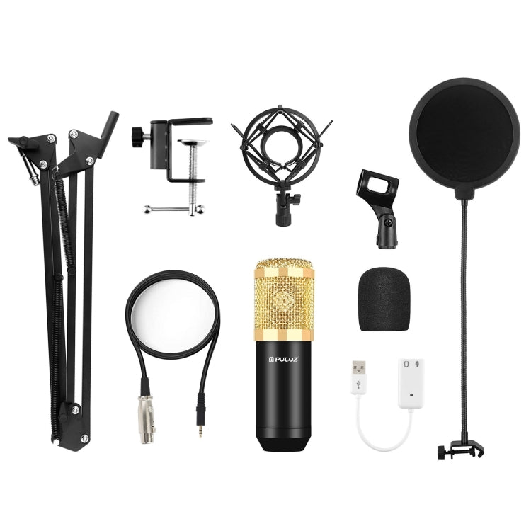 PULUZ Micrófono de Condensador Transmisión de Estudio Kits de Micrófono de Canto Profesional con Brazo de Tijera de Suspensión y Soporte de Choque de Metal y Tarjeta de Sonido USB, Alimentación por 48V, 48V Microphone Kits (Gold)