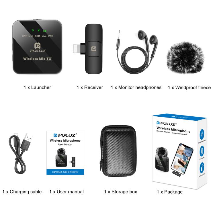 Micrófono Lavalier inalámbrico PULUZ para iPhone / iPad, receptor de 8 pines, 8-Pin 1 TX + 1 RX