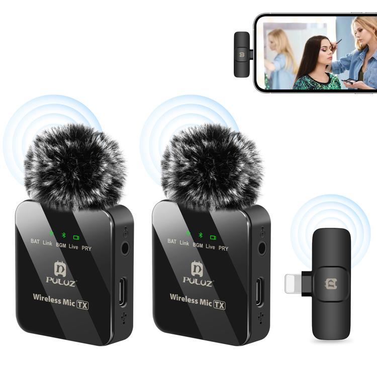 Micrófono Lavalier inalámbrico PULUZ para iPhone/iPad, receptor de 8 pines y micrófonos duales, 8-Pin 2 TX + 1 RX
