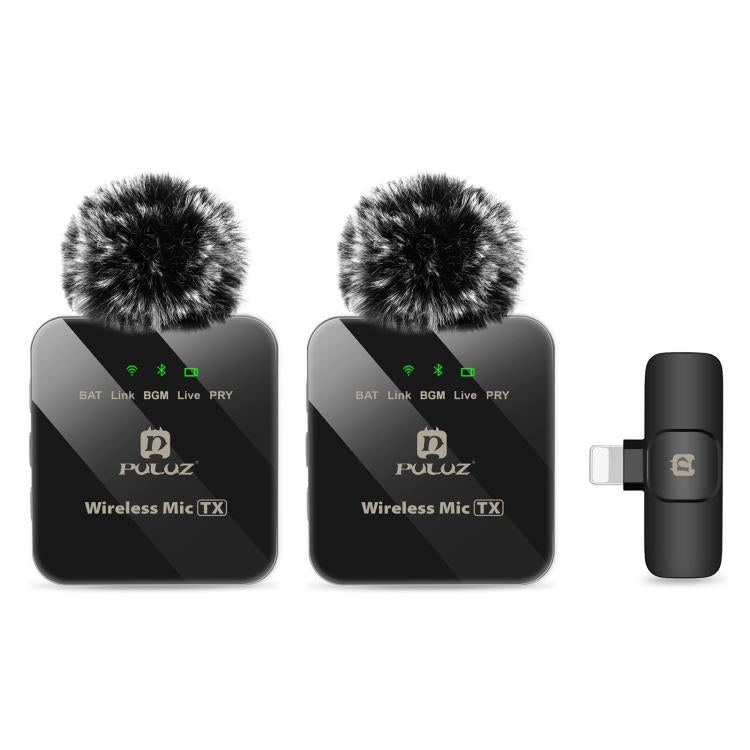 Micrófono Lavalier inalámbrico PULUZ para iPhone/iPad, receptor de 8 pines y micrófonos duales, 8-Pin 2 TX + 1 RX