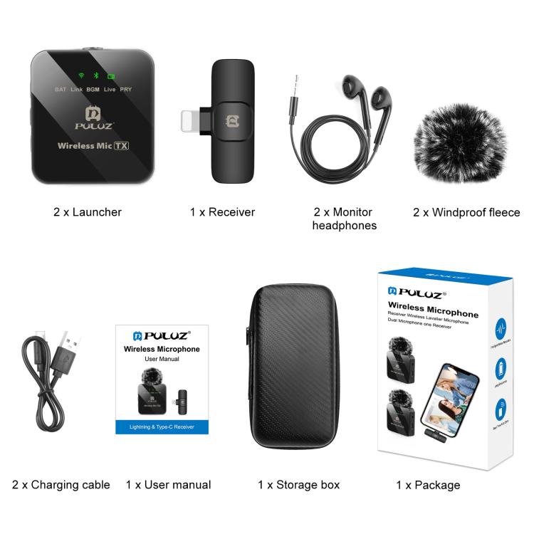 Micrófono Lavalier inalámbrico PULUZ para iPhone/iPad, receptor de 8 pines y micrófonos duales, 8-Pin 2 TX + 1 RX