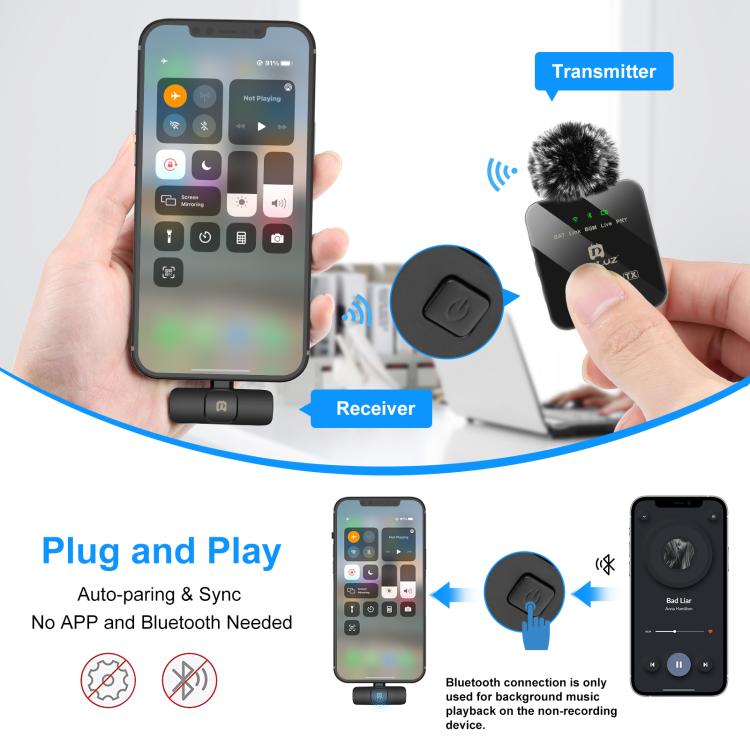 Micrófono Lavalier inalámbrico PULUZ para iPhone/iPad, receptor de 8 pines y micrófonos duales, 8-Pin 2 TX + 1 RX
