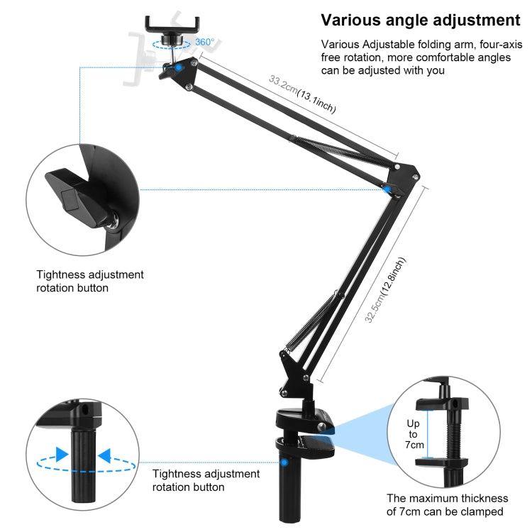 Soporte de brazo articulado de escritorio PULUZ Live Broadcast con abrazadera para teléfono, Phone Clamp