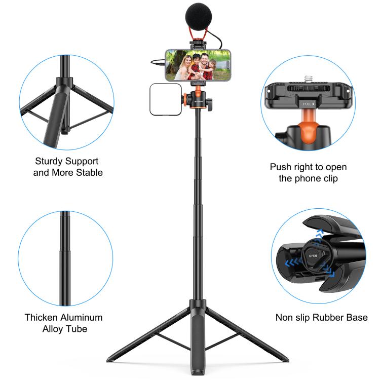 Trípode para selfies con teléfono PULUZ de 1,3 m, soporte para transmisión en vivo de vlogs con clip para teléfono, 1.4m  Phone Tripod